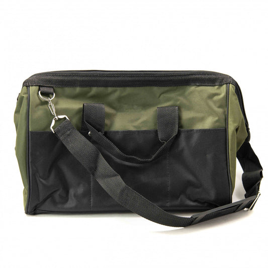 Black nylon tool bag with side pockets and shoulder strap, sized 15 by 9 inches.