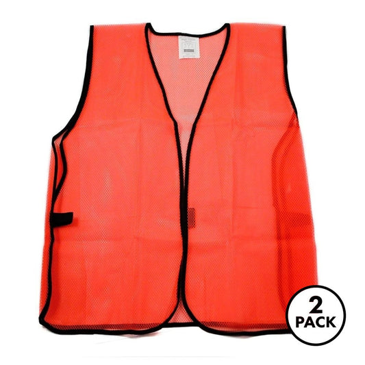 Two orange mesh safety vests, one size fits all, side by side on a plain background