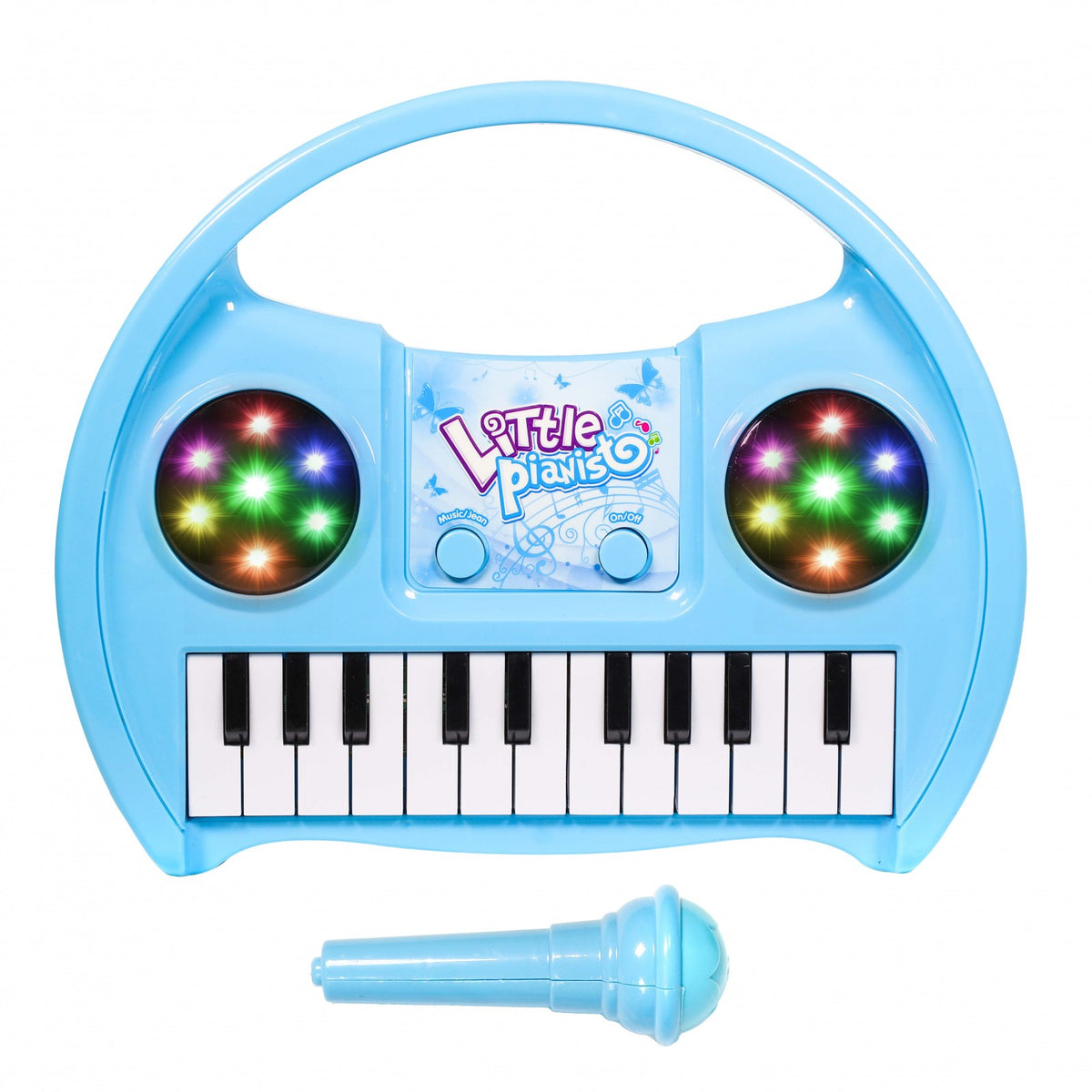 Blue Kidplokio keyboard piano for kids with microphone, lights, and music sounds