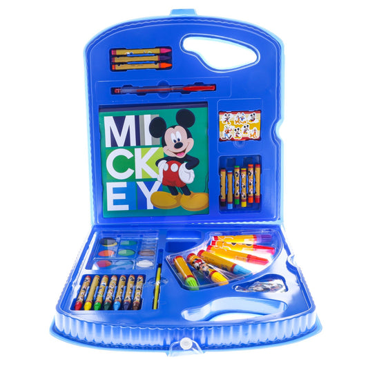 Mickey Mouse themed 40-piece kids' art supplies set with markers, crayons, and paint pad.
