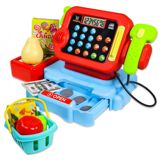 Kidplokio touch pad cash register toy in red with pretend money and microphone for kids