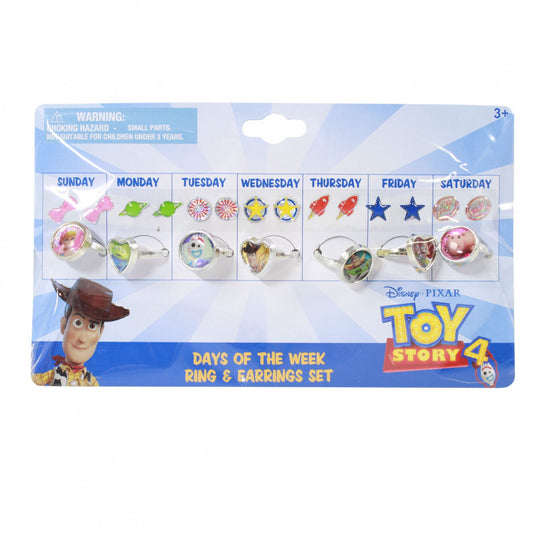 Stick on earrings and rings set with Disney Pixar Toy Story characters arranged in a package.
