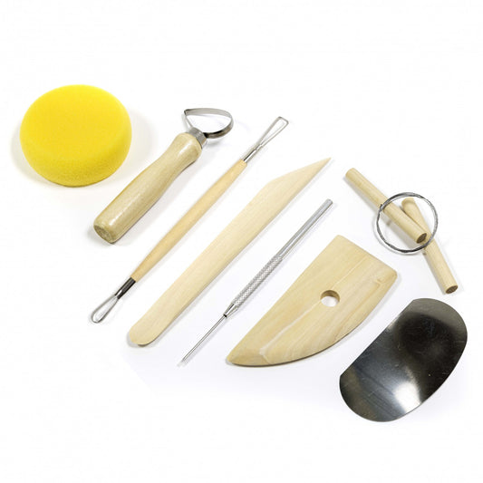Set of 8 pottery tools for modeling clay, wooden handles with assorted shaped tips