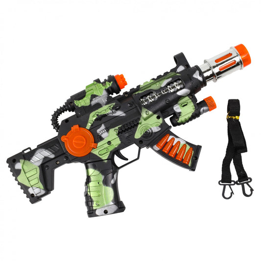 Camo kid's toy blaster with lights and sounds, for children ages 3 and up.