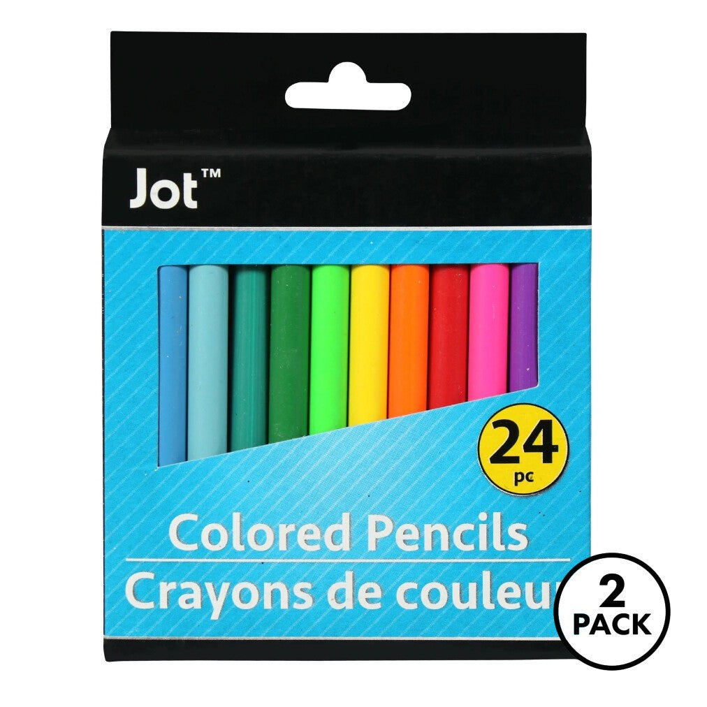 Two sets of Jot mini colored pencils, each with 24 assorted colors, laid out for kids' use.