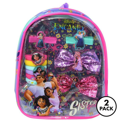 Two Disney Encanto girls hair accessory backpack sets, each with ten dress up bows