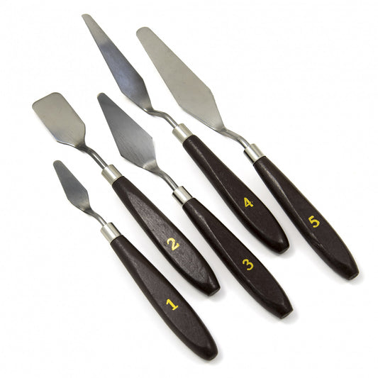 Set of five sculpting spatulas made from steel and polished wood