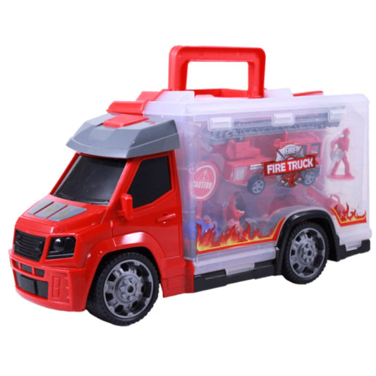 Assorted Kidplokio truck toys playset with action figures, lights, and sounds, in two different themes.