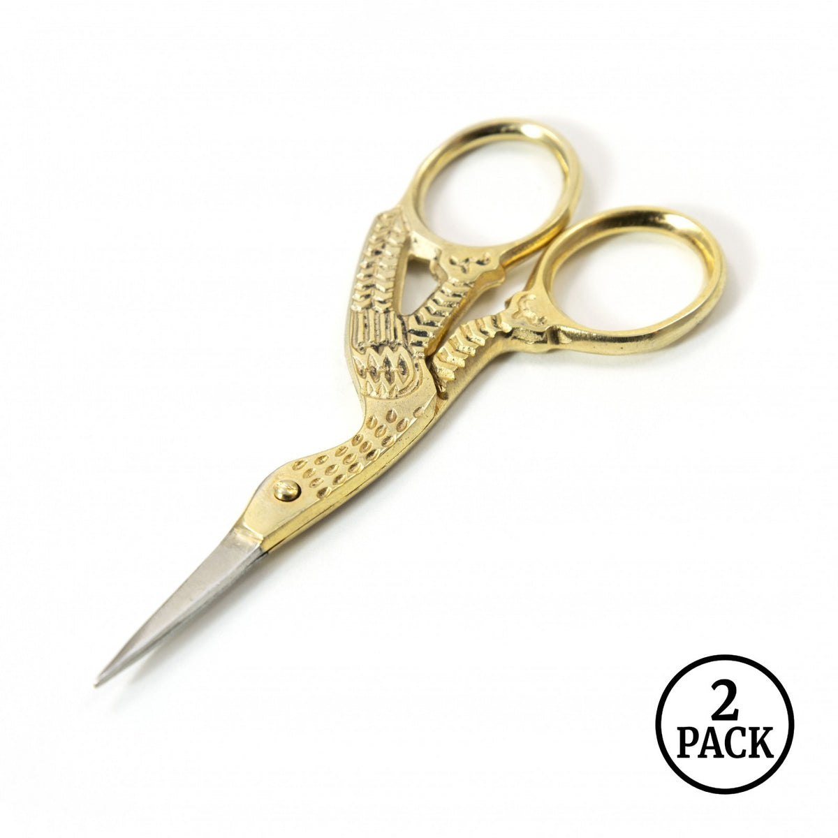 Two gold-tone 3.5 inch straight sharp tip stork scissors made of stainless steel.