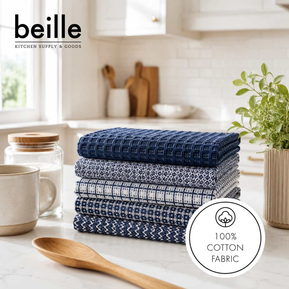 Beille 100% Cotton Kitchen Dish Cloths, Machine Washable Reusable Towels, 10pk