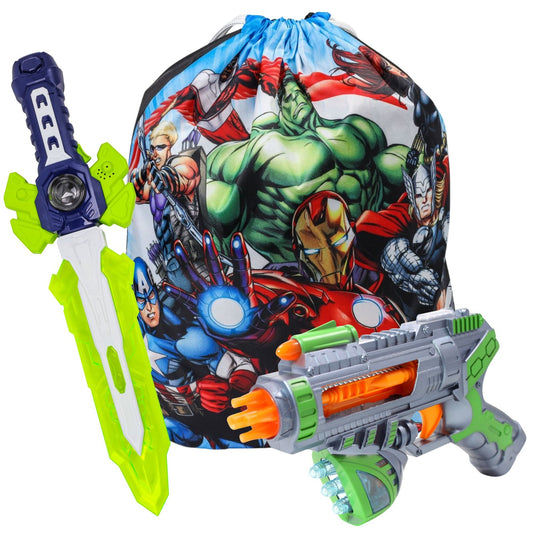 Sword, blaster, and superhero cinch bag set in two colors from Kidplokio