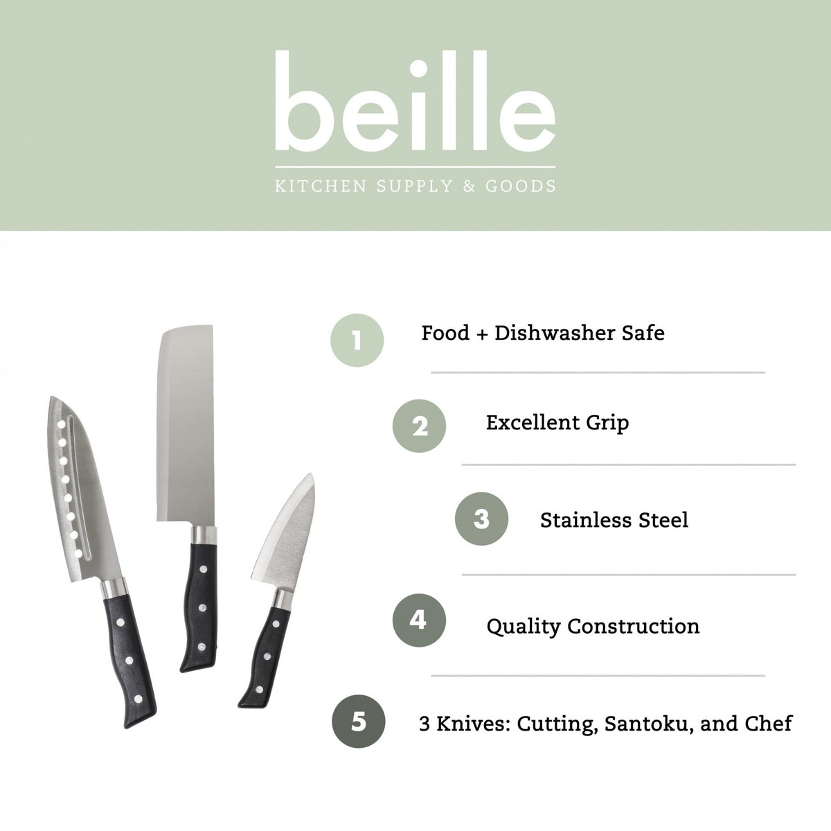 Beille 3pc Stainless Steel Kitchen Cutlery Knife Set Cutting Santoku Chef Knife