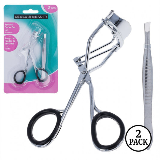 Two sets of eyelash curlers and tweezers arranged together for eye makeup application.