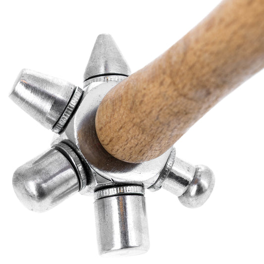 Aluminum jewelry hammer with six interchangeable heads shown on a plain background.