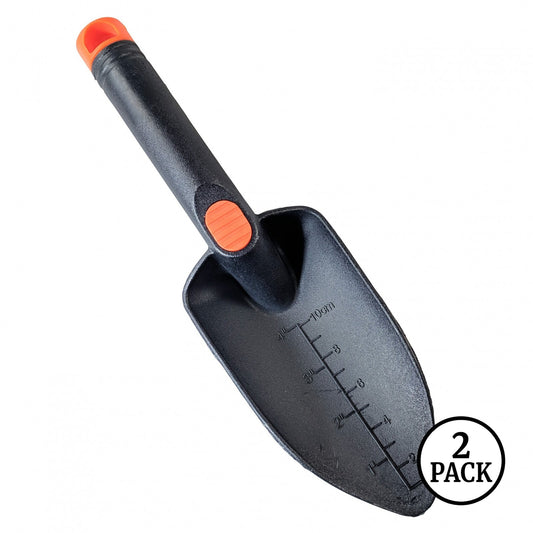 Two 11-inch garden trowels with digging blades shown side by side on a white background.