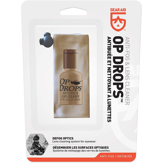 small anti-fog and lens cleaning kit labeled Tactical Op Drops, 0.25 oz bottle