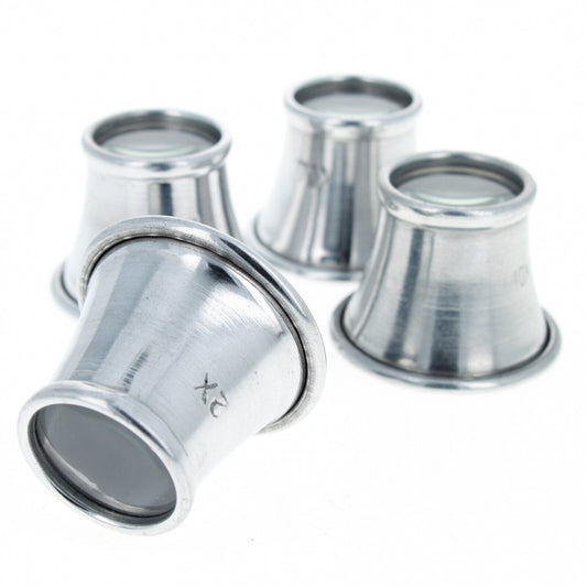 Universal Tool aluminum jewelers eye loupe set, four magnifiers in different sizes.