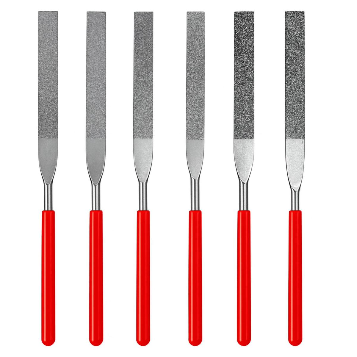 ToolTreaux 6-piece diamond coated flat file set, flat metal files arranged by grit on a white background.