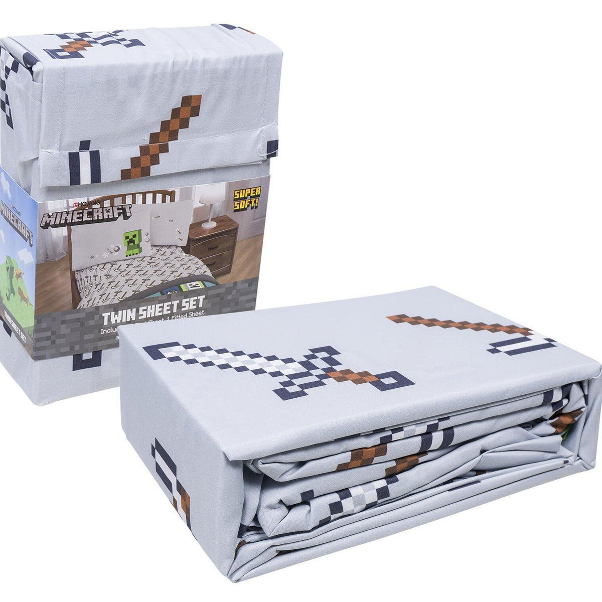 Grey Minecraft bedding twin sheet set with Mojang design