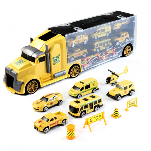 Kidplokio 11-piece army military semi truck transporter with 6 diecast cars, displayed together