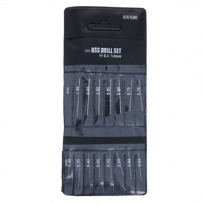 set of 15 mini drill bits ranging from .3mm to 1mm sizes