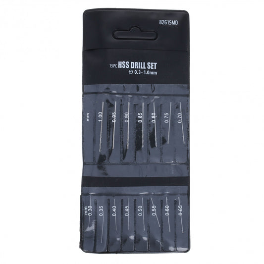 set of 15 mini drill bits ranging from .3mm to 1mm sizes