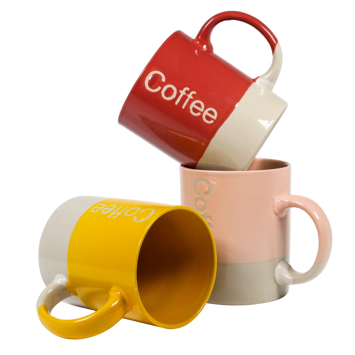 Beille Ceramic Stoneware Modern Dipped Coffee Cups 3pc Set, Assorted Colors