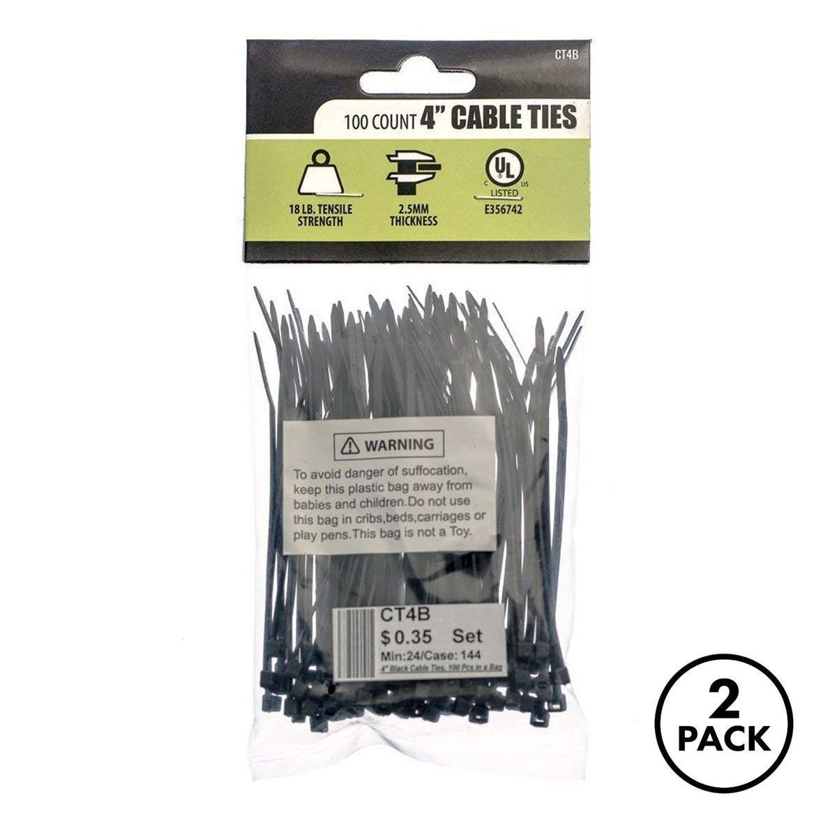 2 Pack Universal Home 100 Count 4" Cable Wire Hose Zip Ties