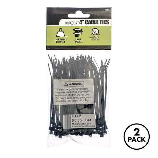 2 Pack Universal Home 100 Count 4" Cable Wire Hose Zip Ties