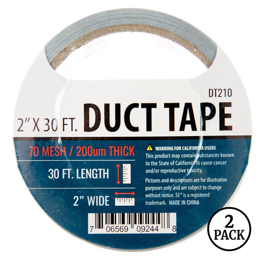 Two rolls of gray duct tape, each 2 inches wide and 30 feet long, in a 2 pack