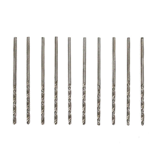 Ten high speed steel drill bits with 1/16 inch shank displayed side by side