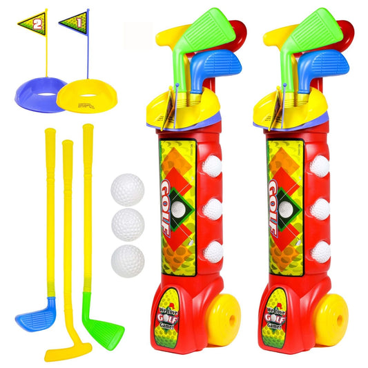 Two kids' indoor golf club sets for toddlers, multicolored, shown as 2-pack for ages 3-8.