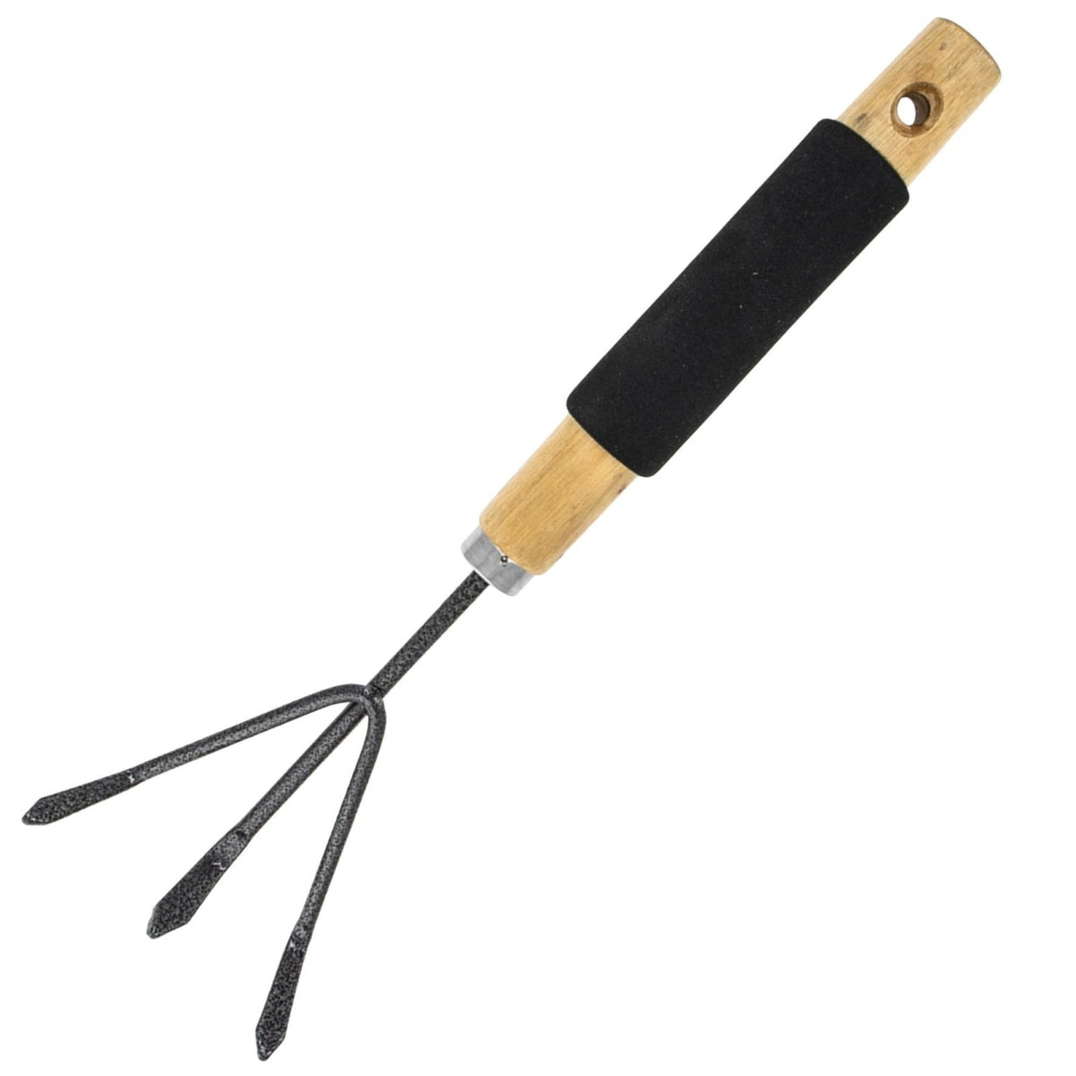 Set of wooden handled garden tools with steel working ends: rake, shovel, and cultivator