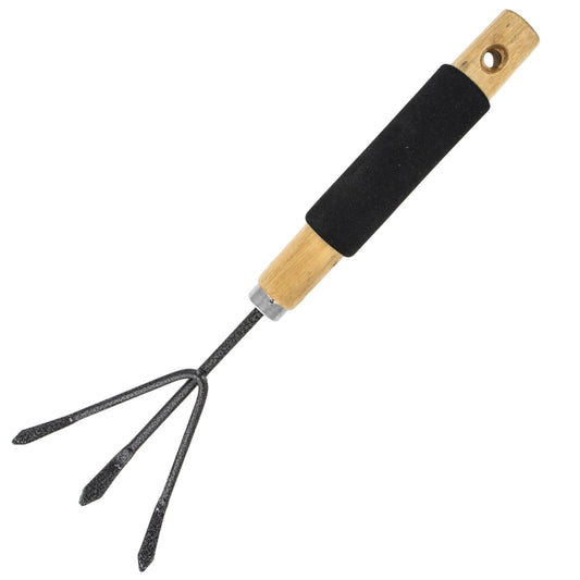 Set of wooden handled garden tools with steel working ends: rake, shovel, and cultivator