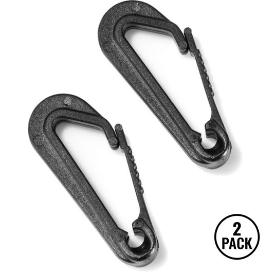 Two black snap hooks on webbing straps for camping or hiking gear customization.