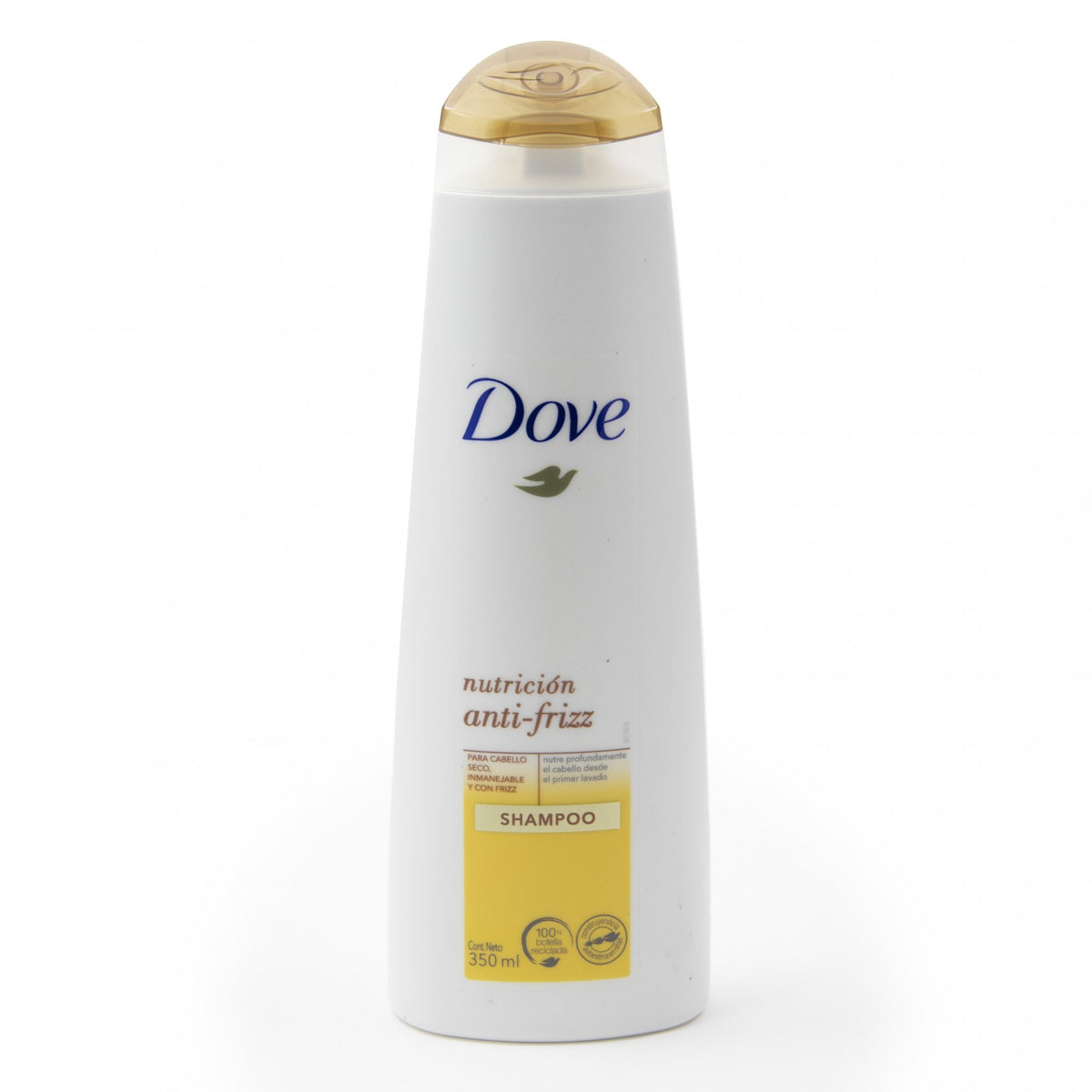 Bottle of Dove Hair Care Shampoo labeled anti-frizz with coconut, argan, and almond oils