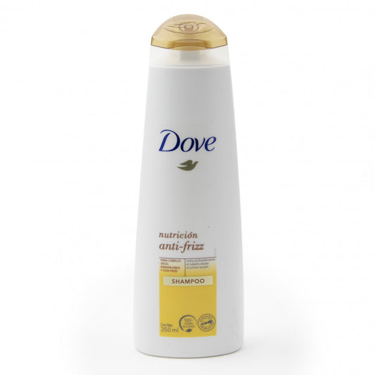 Bottle of Dove Hair Care Shampoo labeled anti-frizz with coconut, argan, and almond oils