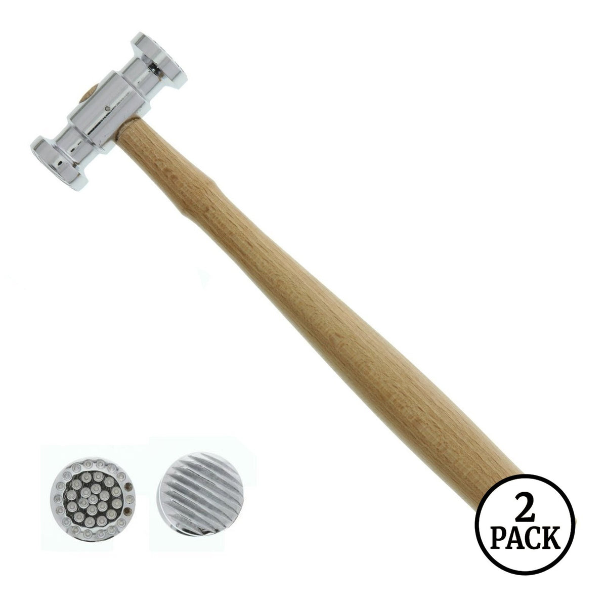 Pair of dual face texturising hammers showing dimple and stripe patterned faces