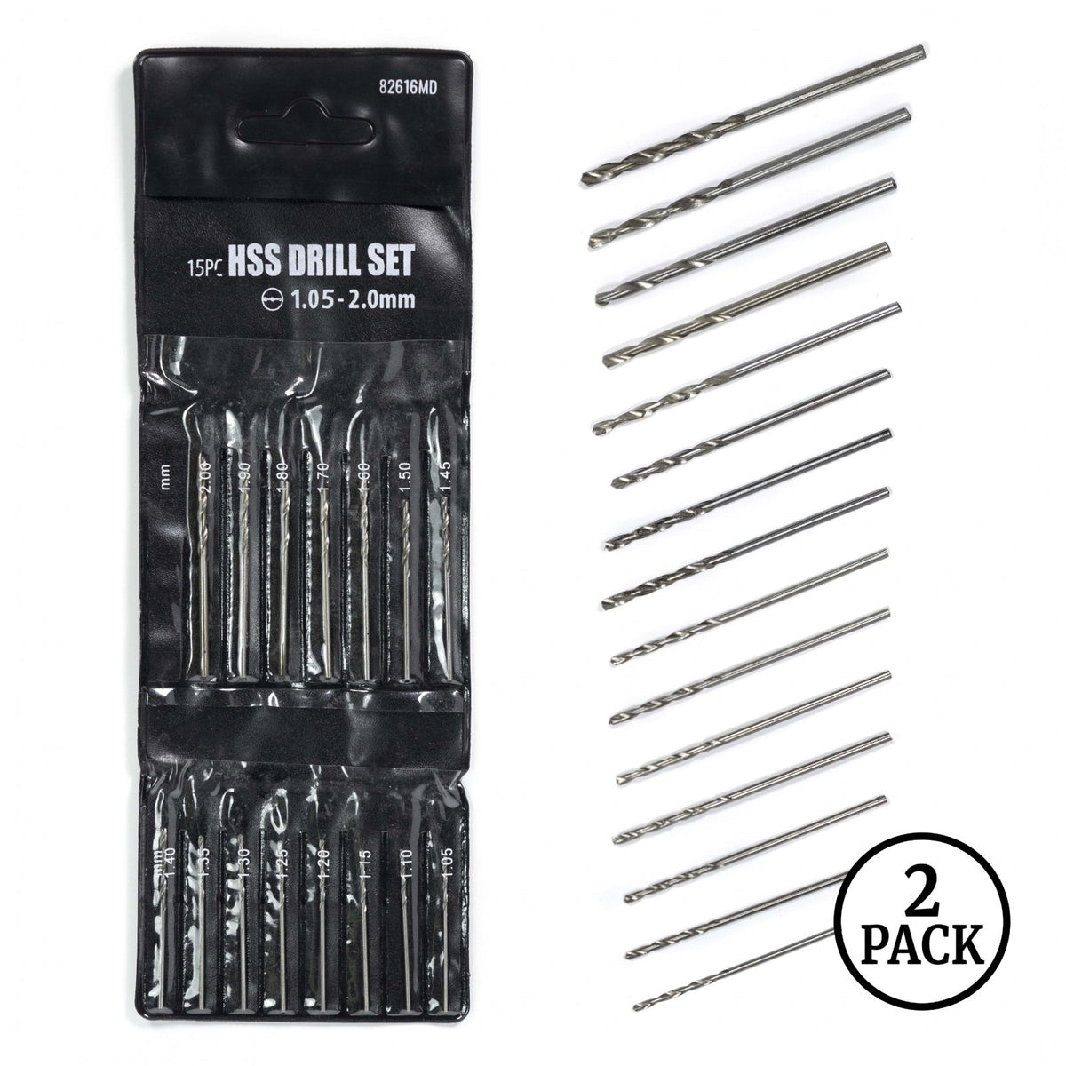 Two packs of stainless steel drill bits arranged by size, 15 pieces per pack, on plain background