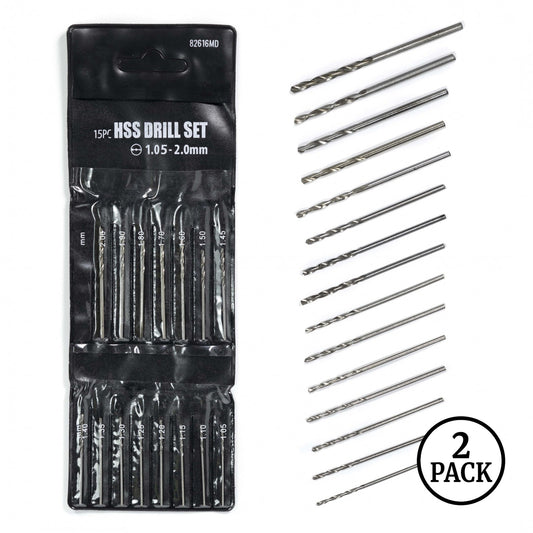 Two packs of stainless steel drill bits arranged by size, 15 pieces per pack, on plain background