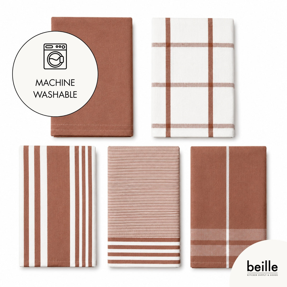 Beille 5pc 100% Cotton Oversized Dish Towel Set Kitchen Accessories (4 Colors)