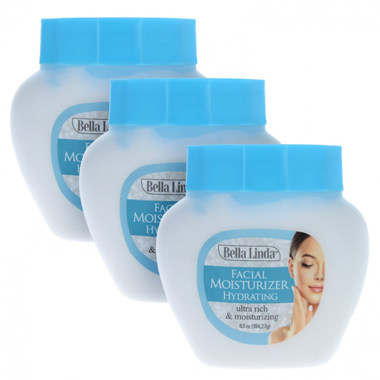 Three bottles of Bella Linda face moisturizer cream lotion, each 6.5oz size