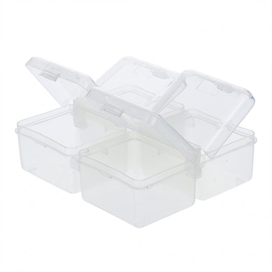 Clear plastic organizer with four compartments and pop top lid