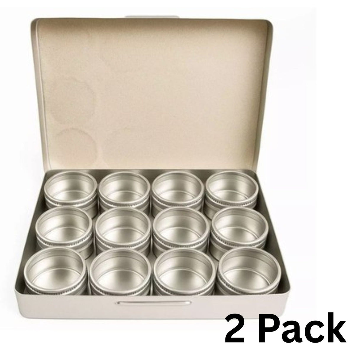 Set of 24 round aluminum storage containers, each 1.25 inches in diameter, arranged in two groups.