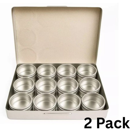 Set of 24 round aluminum storage containers, each 1.25 inches in diameter, arranged in two groups.