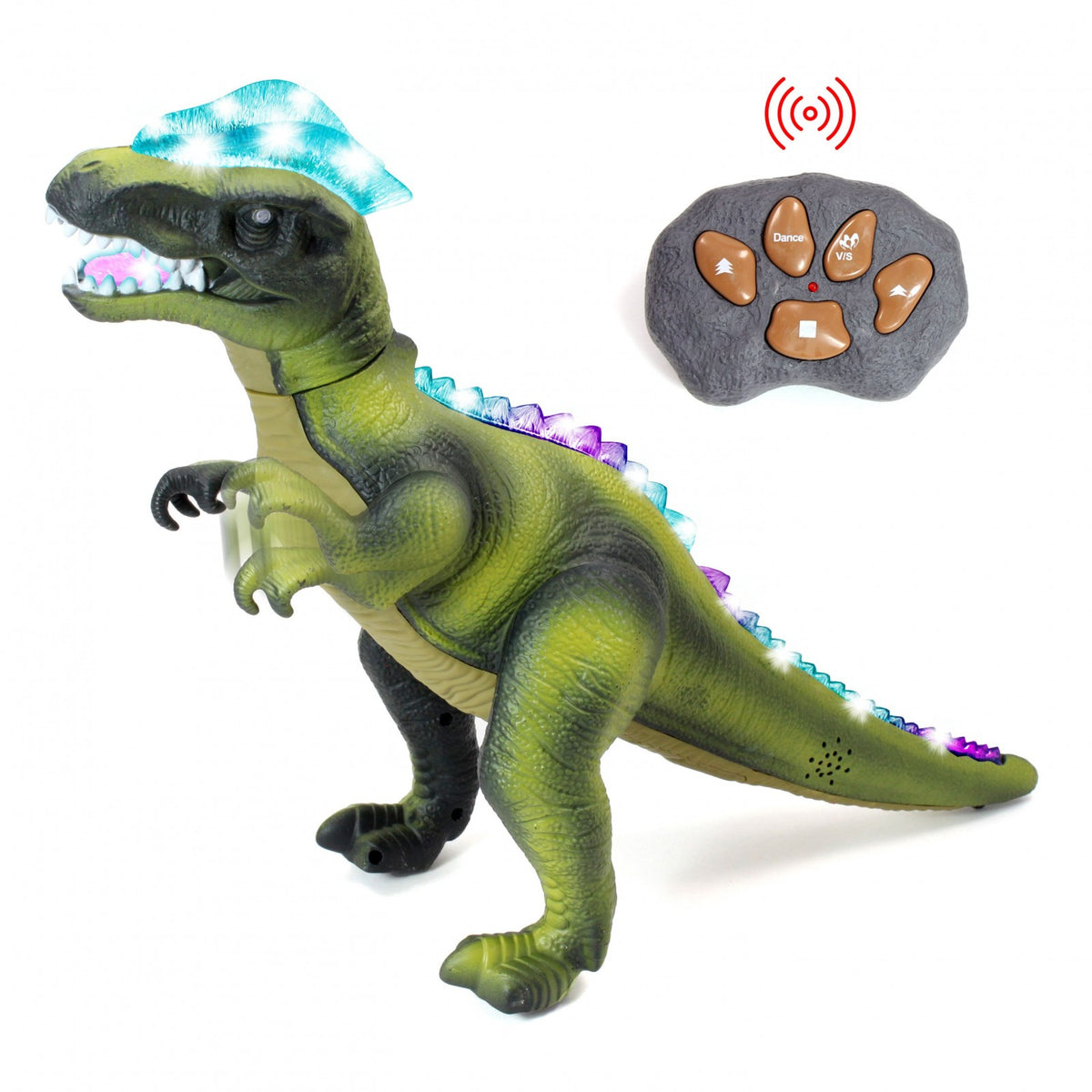 Green Jurassic Rex RC dinosaur toy with light and sound features.