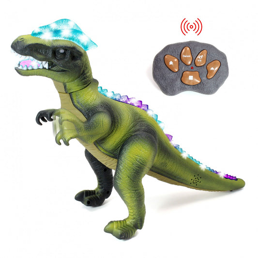 Green Jurassic Rex RC dinosaur toy with light and sound features.