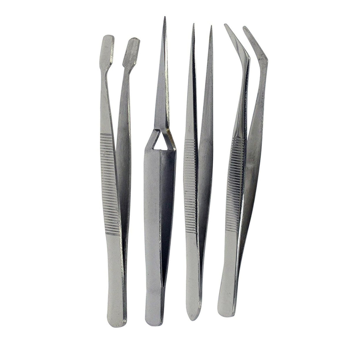 Set of four stainless steel precision tweezers with serrated tips