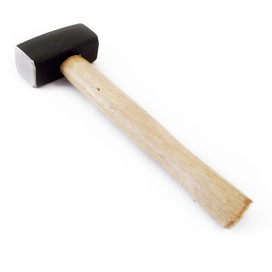 Stone hammer with a 10-inch handle, gray hammer head and wooden handle visible against a plain background.