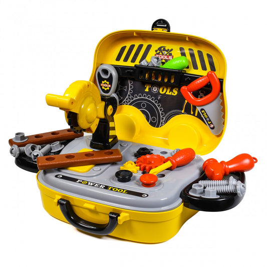 Kidplokio construction toy tool box playset with parts displayed, designed for boys ages 3 and up.